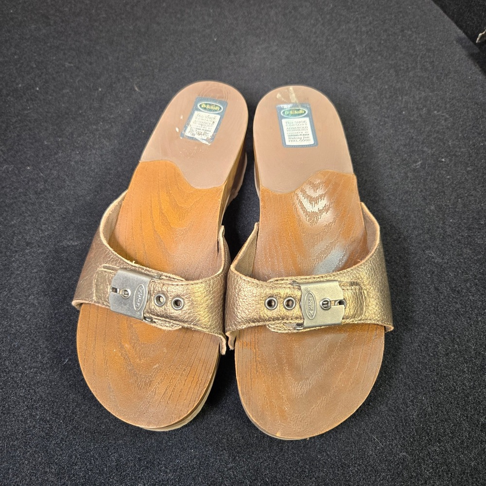 Dr Scholls Original Collection Bronze Metallic Leather Wood Wedge Sandals 8M